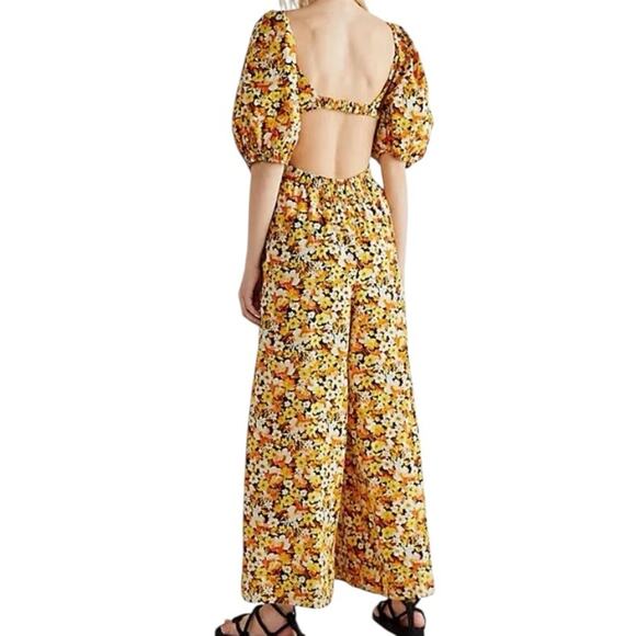 Free People Amy Floral Print Jumpsuit size XS Yellow Black Orange Flowers - Picture 2 of 11